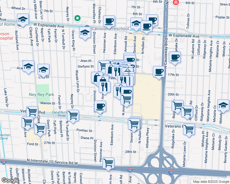 map of restaurants, bars, coffee shops, grocery stores, and more near 3115 Edenborn Avenue in Metairie