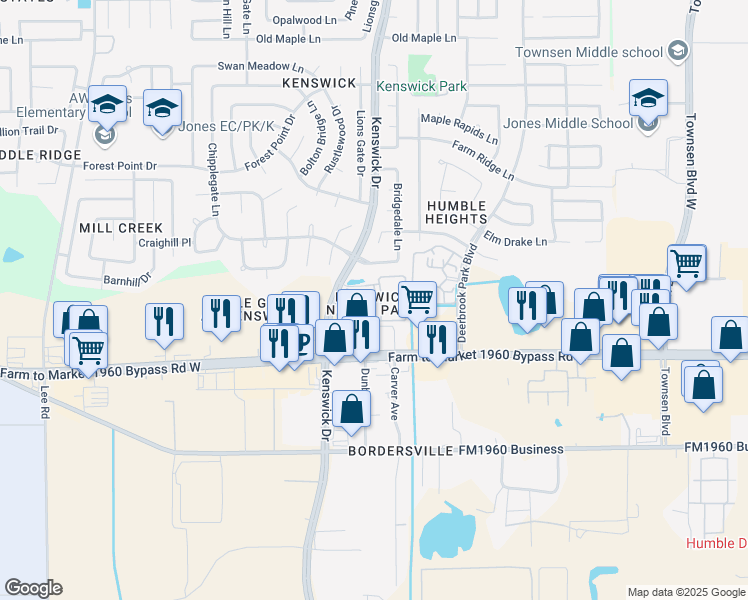 map of restaurants, bars, coffee shops, grocery stores, and more near 19800 Kenswick Drive in Humble