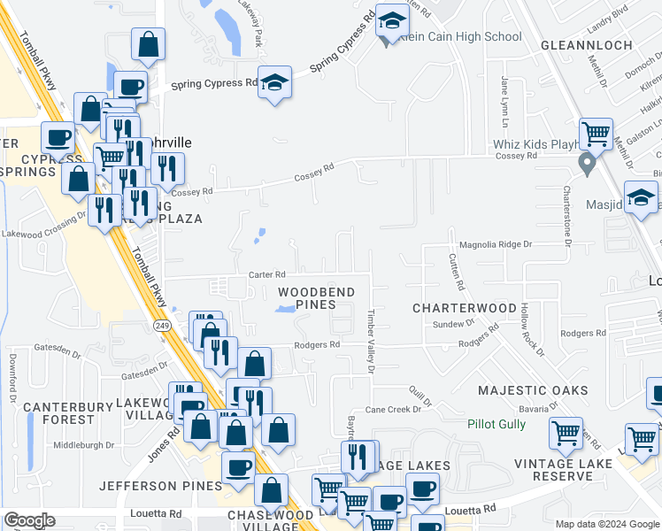 map of restaurants, bars, coffee shops, grocery stores, and more near 16314 Luzerne Drive in Houston