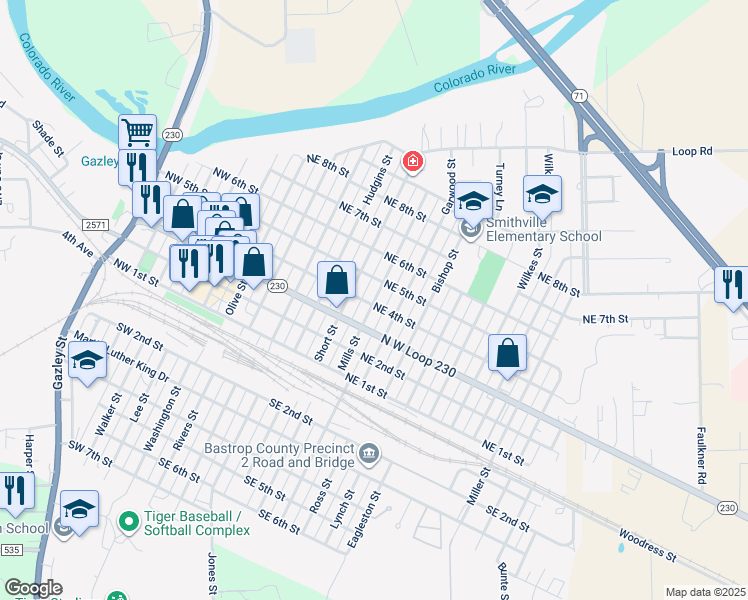 map of restaurants, bars, coffee shops, grocery stores, and more near 404 Short Street in Smithville