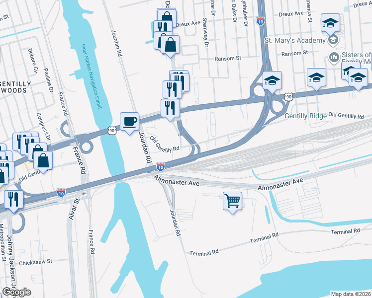 map of restaurants, bars, coffee shops, grocery stores, and more near 6001 Old Gentilly Road in New Orleans