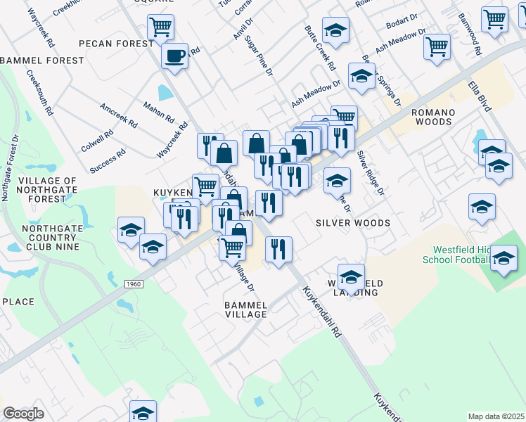 map of restaurants, bars, coffee shops, grocery stores, and more near in Houston