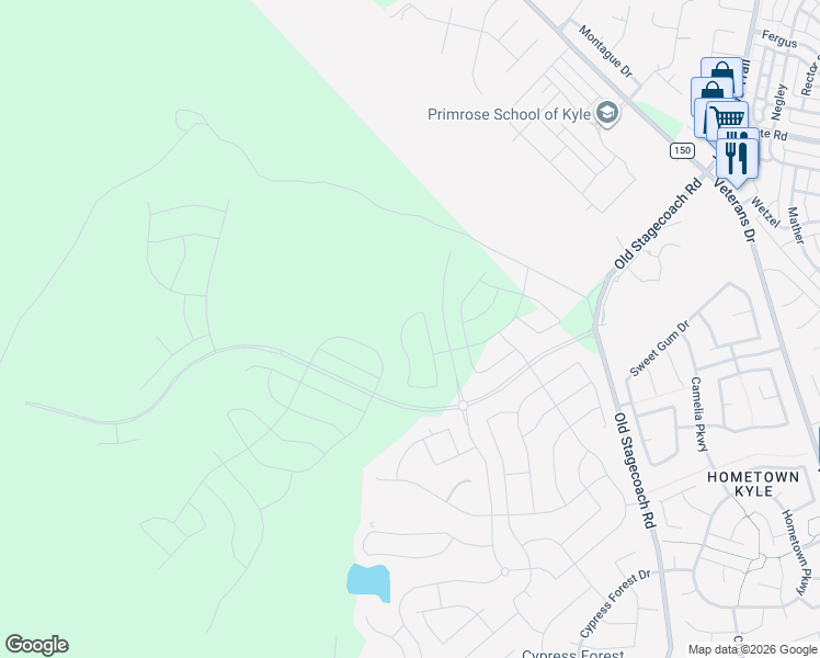map of restaurants, bars, coffee shops, grocery stores, and more near Unnamed Road in Kyle