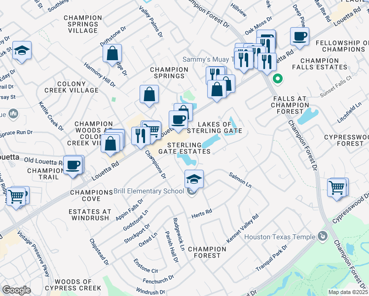 map of restaurants, bars, coffee shops, grocery stores, and more near 8910 Sterling Gate Circle in Spring