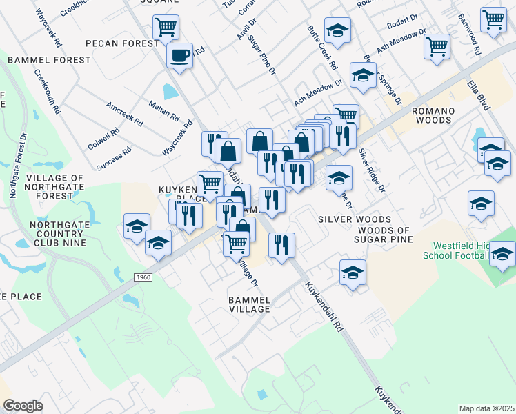 map of restaurants, bars, coffee shops, grocery stores, and more near Farm to Market 1960 & Kuykendahl Rd in Houston