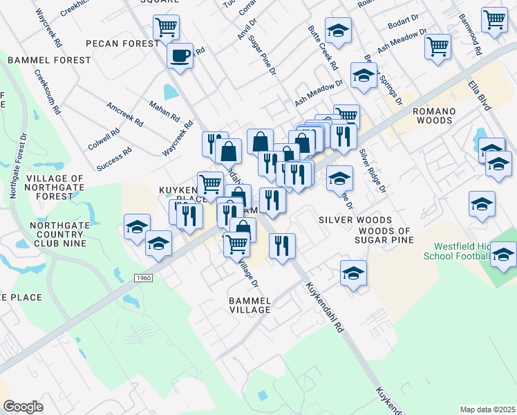 map of restaurants, bars, coffee shops, grocery stores, and more near in Houston