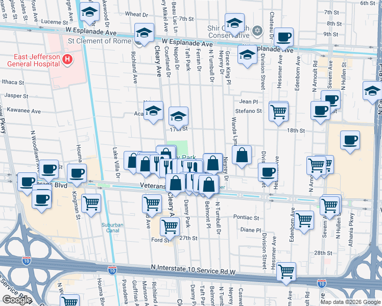 map of restaurants, bars, coffee shops, grocery stores, and more near 3608 Taft Park in Metairie