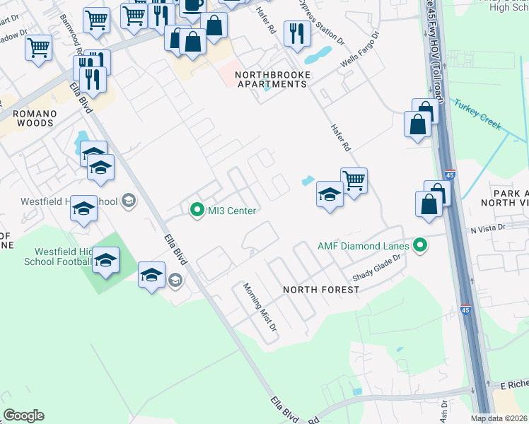 map of restaurants, bars, coffee shops, grocery stores, and more near 16522 Cheshire Grove Lane in Houston