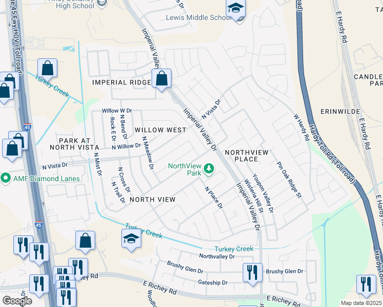 map of restaurants, bars, coffee shops, grocery stores, and more near 919 Oak West Drive in Houston