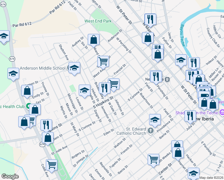 map of restaurants, bars, coffee shops, grocery stores, and more near 698 Ambassador W Lemelle Drive in New Iberia