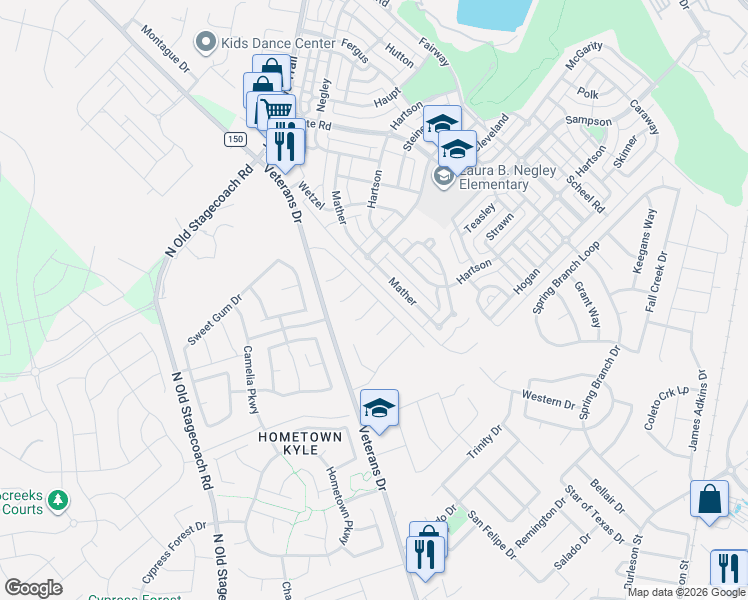 map of restaurants, bars, coffee shops, grocery stores, and more near 4332 Mather in Kyle