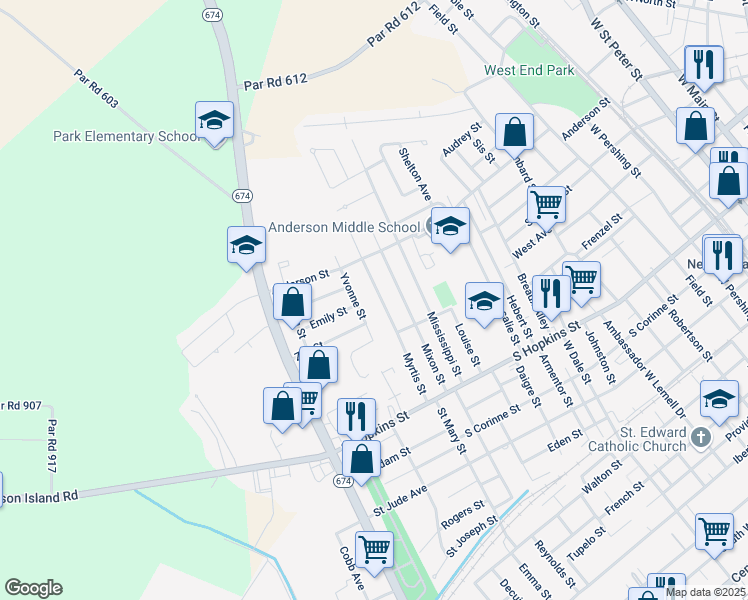 map of restaurants, bars, coffee shops, grocery stores, and more near 729 Myrtis Street in New Iberia
