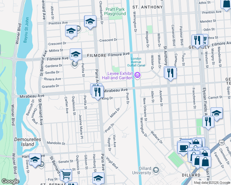 map of restaurants, bars, coffee shops, grocery stores, and more near 1619 Mirabeau Avenue in New Orleans