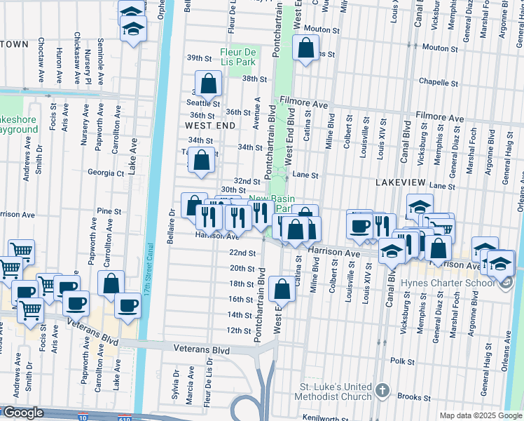 map of restaurants, bars, coffee shops, grocery stores, and more near 6364 Pontchartrain Boulevard in New Orleans