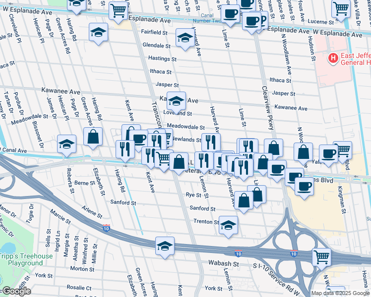 map of restaurants, bars, coffee shops, grocery stores, and more near 3420 Lemon Street in Metairie