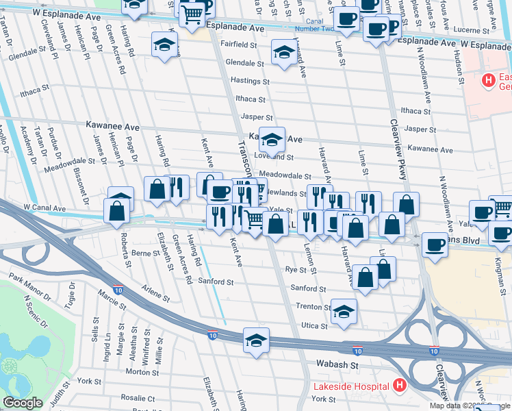 map of restaurants, bars, coffee shops, grocery stores, and more near 3413 Transcontinental Drive in Metairie