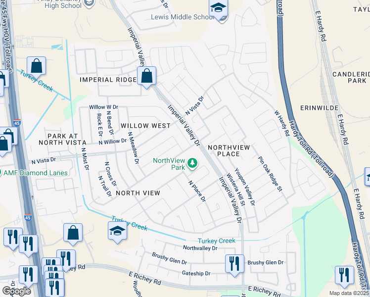 map of restaurants, bars, coffee shops, grocery stores, and more near 919 Oak West Drive in Houston