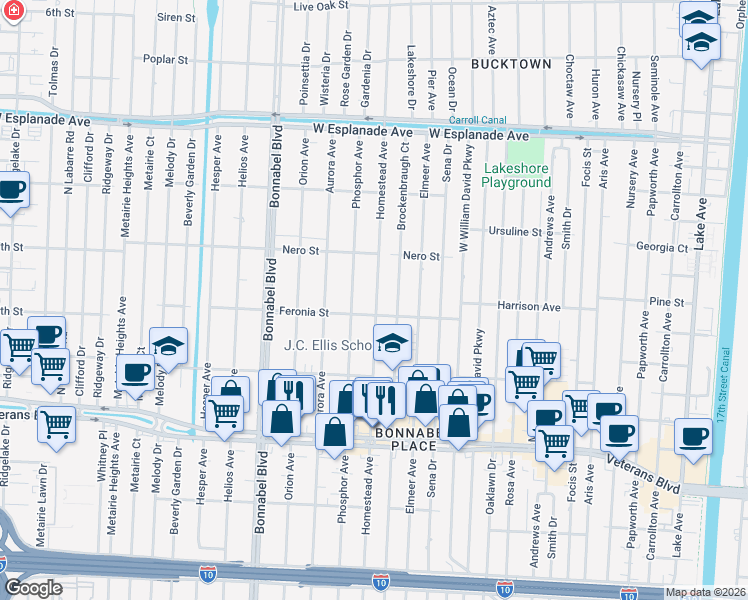 map of restaurants, bars, coffee shops, grocery stores, and more near 1024 Homestead Avenue in Metairie