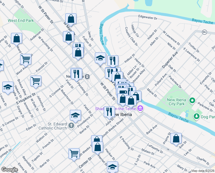 map of restaurants, bars, coffee shops, grocery stores, and more near 232 W St Peter St in New Iberia