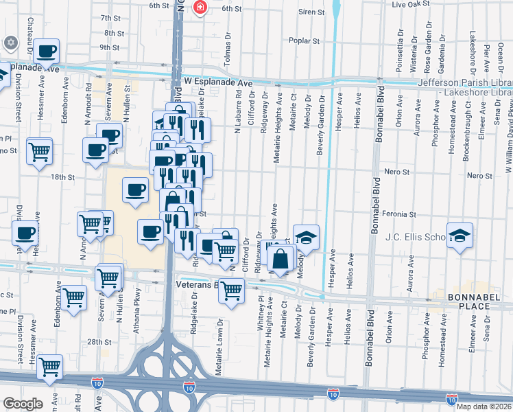 map of restaurants, bars, coffee shops, grocery stores, and more near 3117 Clifford Drive in Metairie