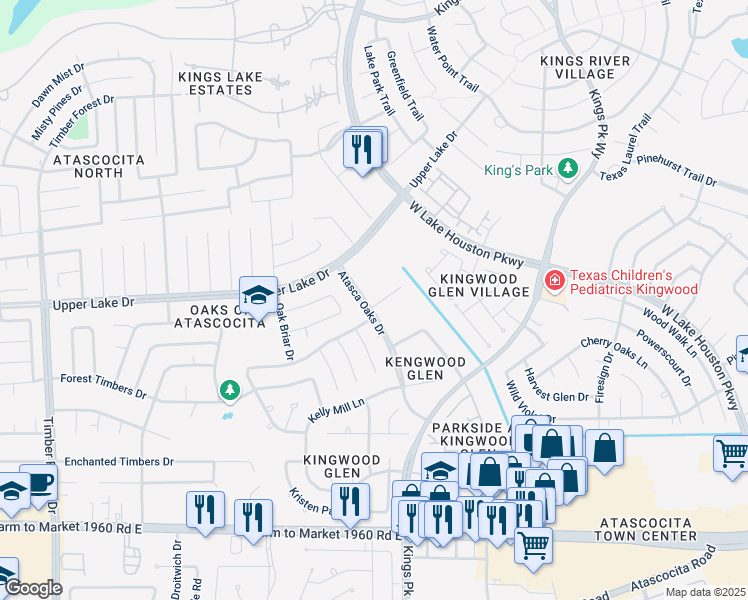 map of restaurants, bars, coffee shops, grocery stores, and more near 6123 Bailey's Town Court in Humble