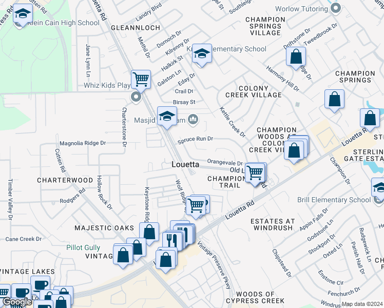 map of restaurants, bars, coffee shops, grocery stores, and more near 9826 Orangevale Drive in Spring