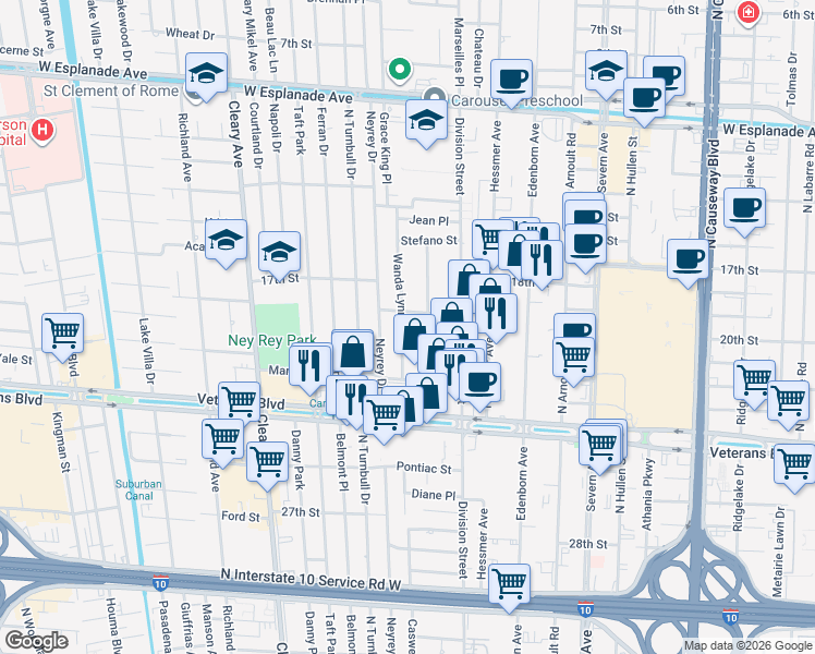 map of restaurants, bars, coffee shops, grocery stores, and more near 3748 Olney Street in Metairie