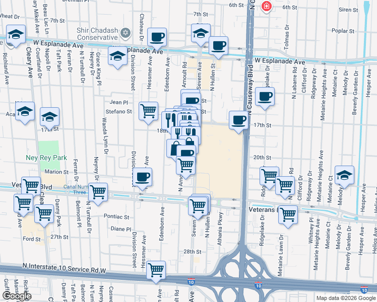 map of restaurants, bars, coffee shops, grocery stores, and more near 3116 North Arnoult Road in Metairie