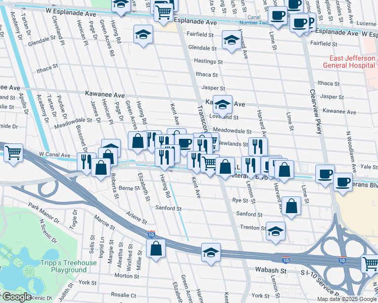 map of restaurants, bars, coffee shops, grocery stores, and more near 3400 Kent Avenue in Metairie