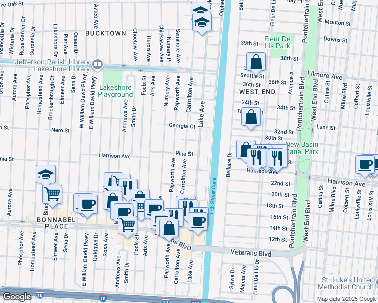 map of restaurants, bars, coffee shops, grocery stores, and more near 1204 Lake Avenue in Metairie