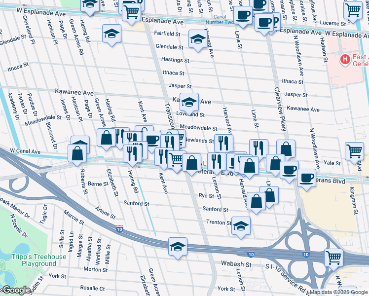 map of restaurants, bars, coffee shops, grocery stores, and more near 3413 Transcontinental Drive in Metairie