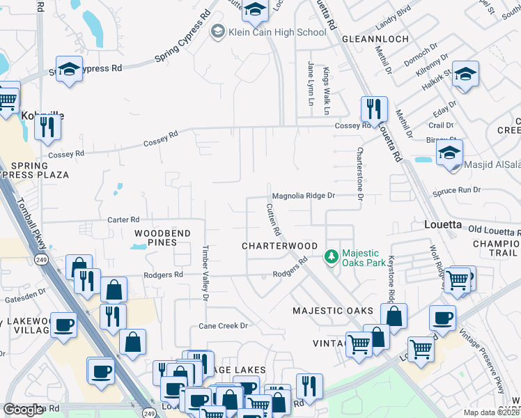 map of restaurants, bars, coffee shops, grocery stores, and more near 9719 Magnolia Ridge Drive in Houston