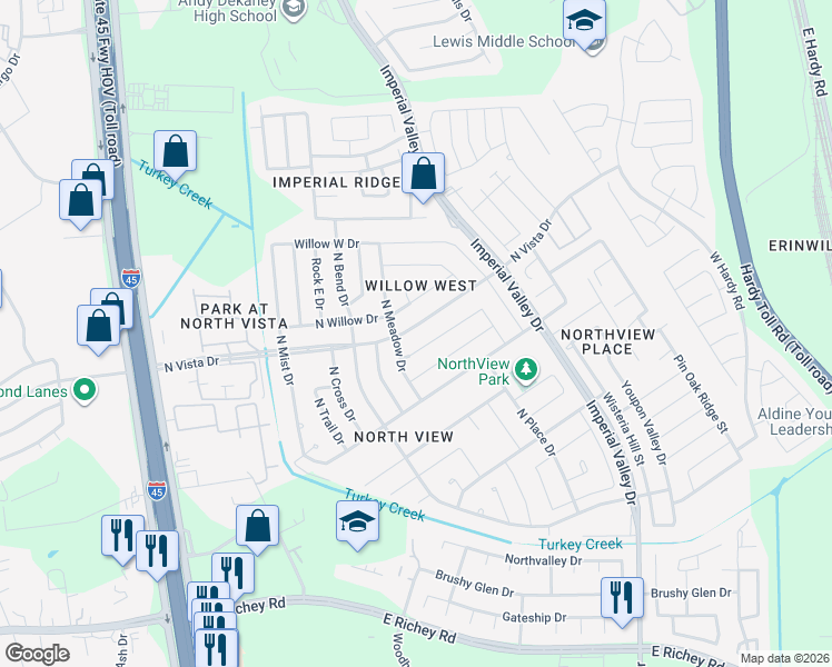 map of restaurants, bars, coffee shops, grocery stores, and more near 719 North Vista Drive in Houston