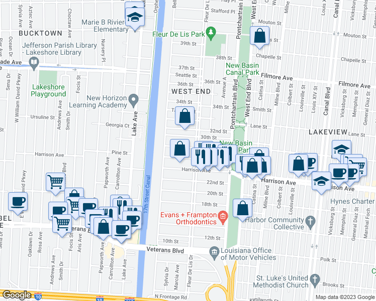 map of restaurants, bars, coffee shops, grocery stores, and more near 366 28th Street in New Orleans