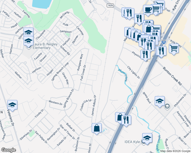 map of restaurants, bars, coffee shops, grocery stores, and more near 141 Hess Drive in Kyle