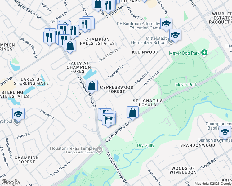 map of restaurants, bars, coffee shops, grocery stores, and more near 16211 Friar Circle in Spring