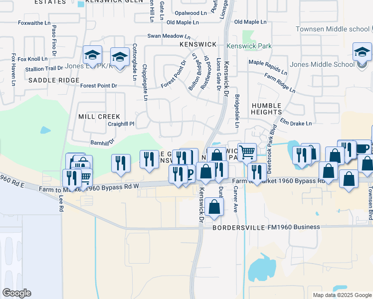 map of restaurants, bars, coffee shops, grocery stores, and more near 19815 Kenswick Drive in Humble