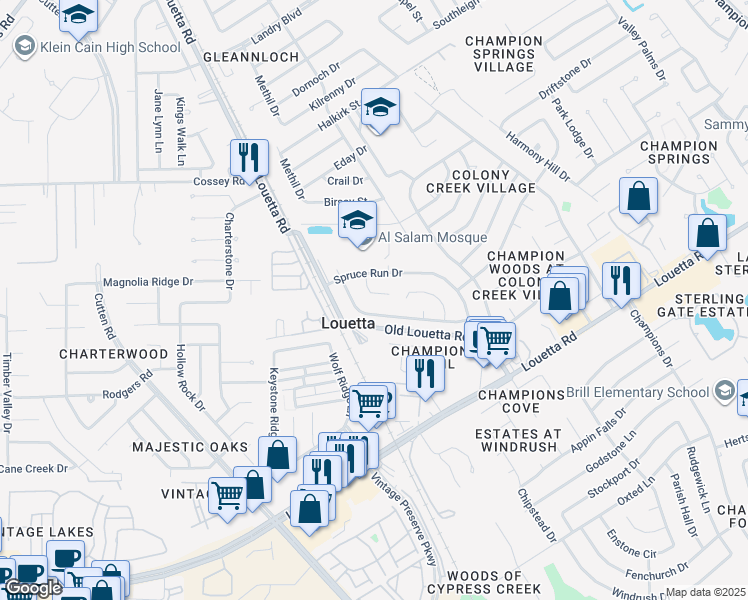 map of restaurants, bars, coffee shops, grocery stores, and more near 17002 Lone Fir Drive in Spring