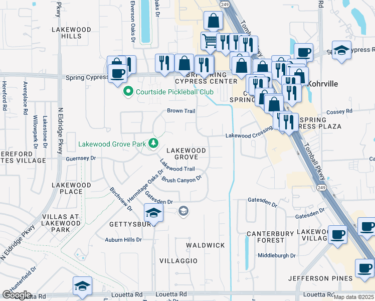 map of restaurants, bars, coffee shops, grocery stores, and more near 11839 Gray Forest Trail in Tomball