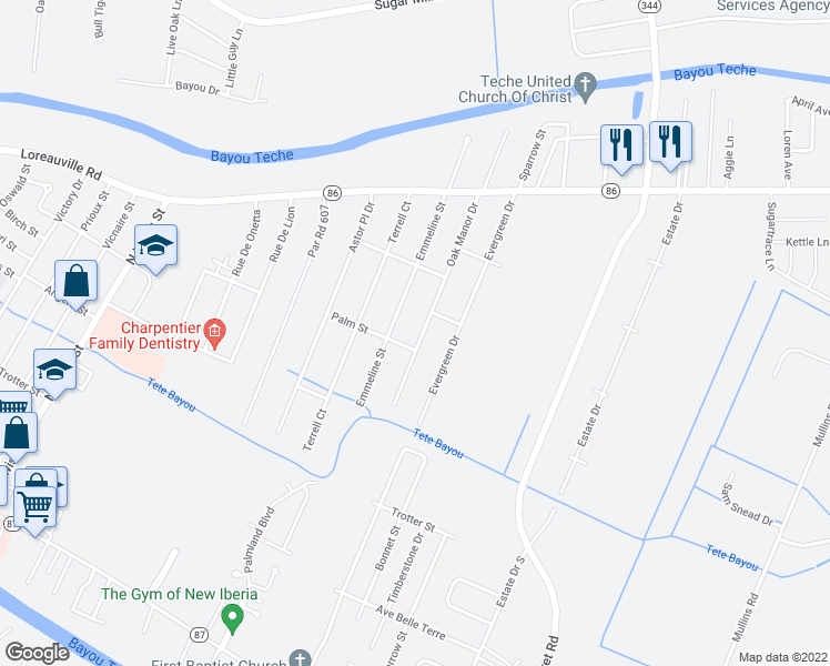 map of restaurants, bars, coffee shops, grocery stores, and more near 603 Oak Manor Drive in New Iberia