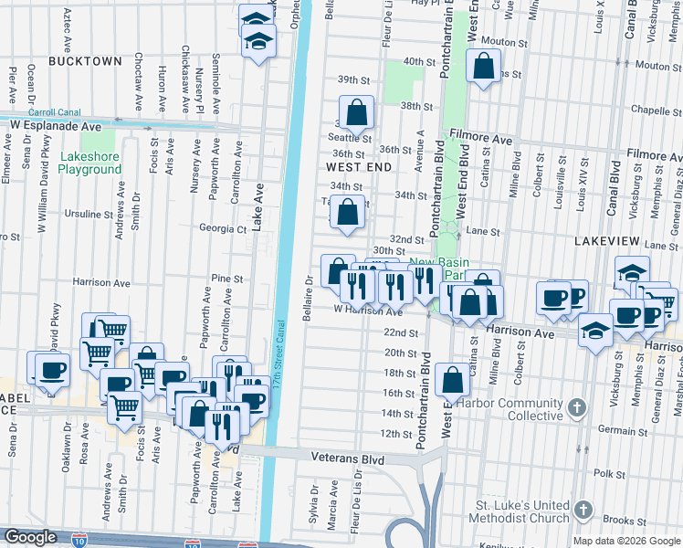 map of restaurants, bars, coffee shops, grocery stores, and more near 366 28th Street in New Orleans