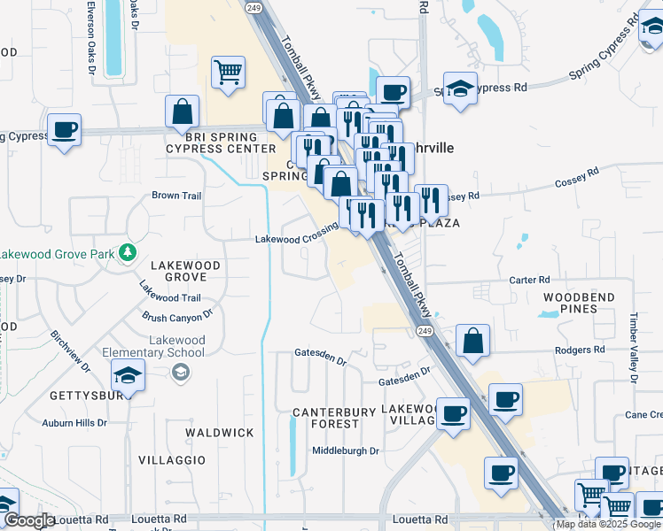 map of restaurants, bars, coffee shops, grocery stores, and more near 16106 Maplewick Drive in Tomball