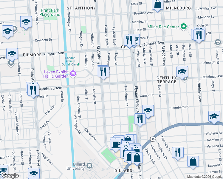 map of restaurants, bars, coffee shops, grocery stores, and more near 2054 Mirabeau Avenue in New Orleans