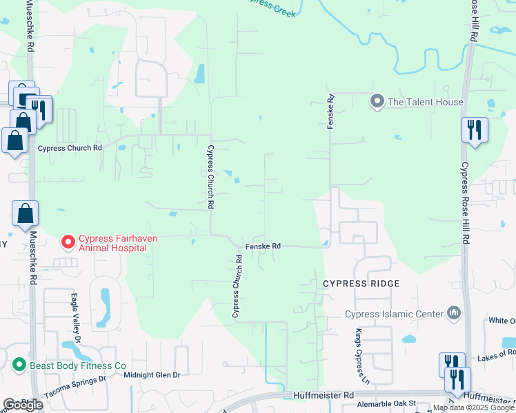 map of restaurants, bars, coffee shops, grocery stores, and more near 19207 Cy Fair Fire Road in Cypress