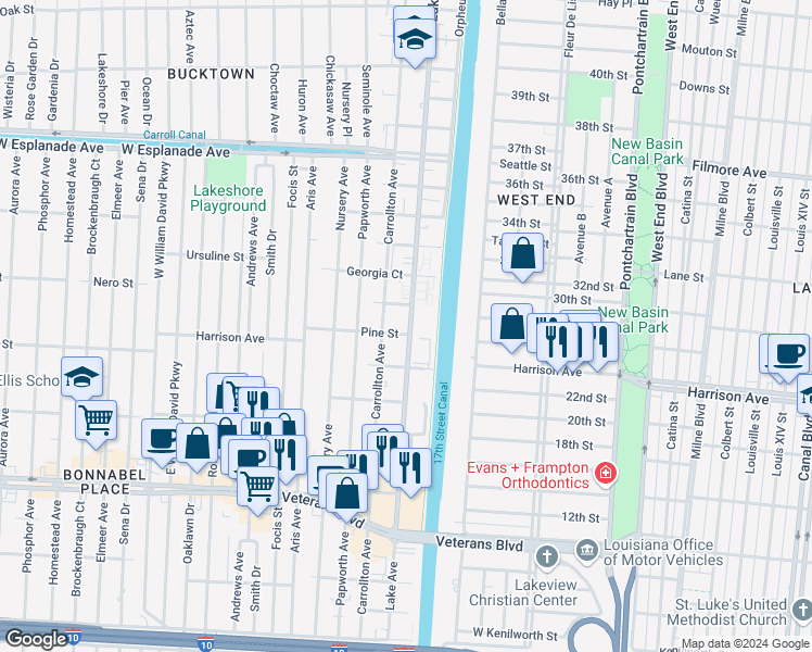 map of restaurants, bars, coffee shops, grocery stores, and more near 1204 Lake Avenue in Metairie