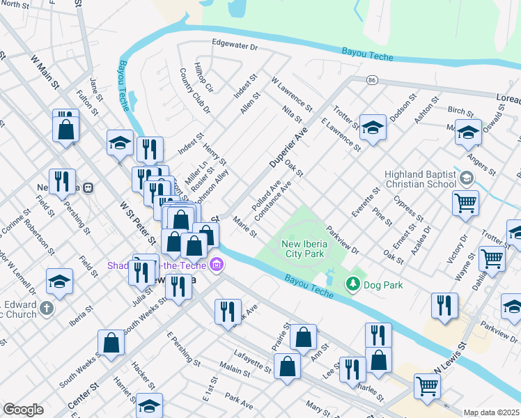 map of restaurants, bars, coffee shops, grocery stores, and more near 159 Pollard Avenue in New Iberia
