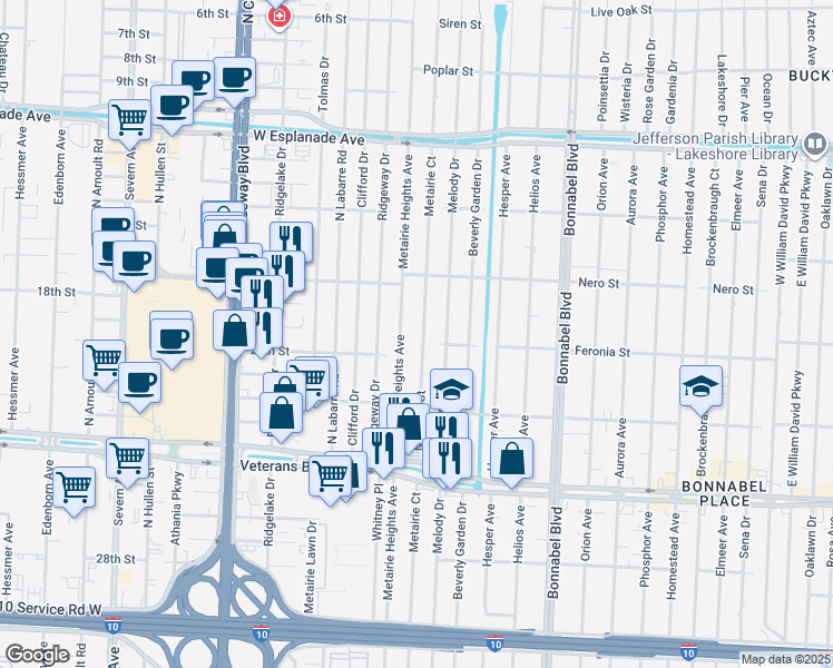 map of restaurants, bars, coffee shops, grocery stores, and more near 3131 Metairie Heights Avenue in Metairie