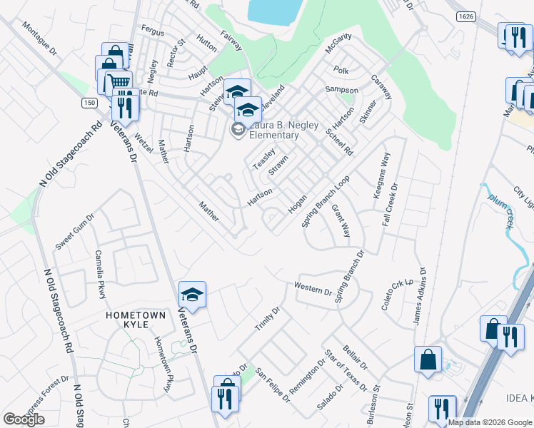 map of restaurants, bars, coffee shops, grocery stores, and more near 123 Tompkins in Kyle