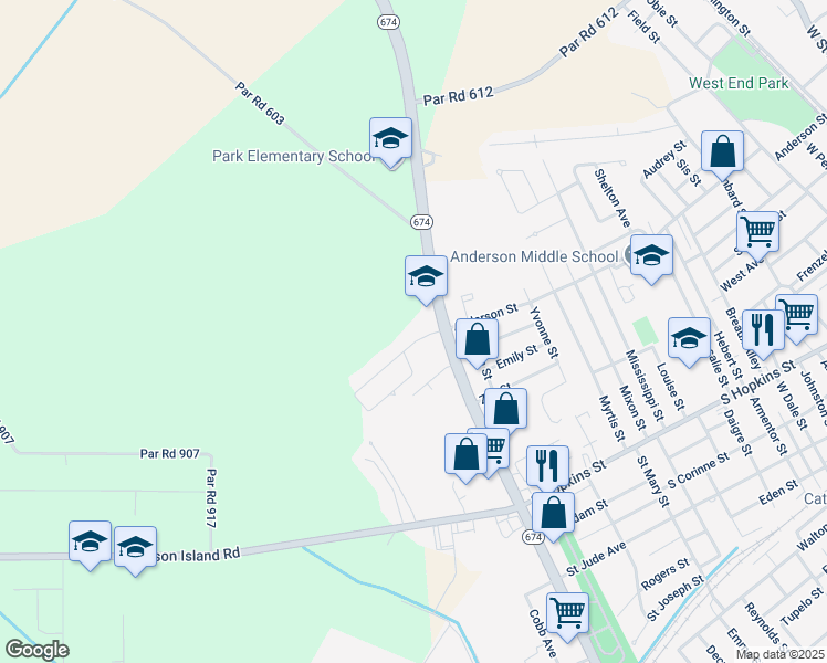 map of restaurants, bars, coffee shops, grocery stores, and more near 1704 Anderson Street in New Iberia