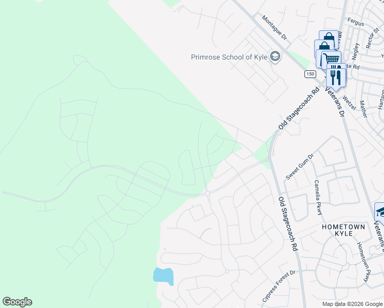 map of restaurants, bars, coffee shops, grocery stores, and more near Six Creeks Boulevard in Kyle
